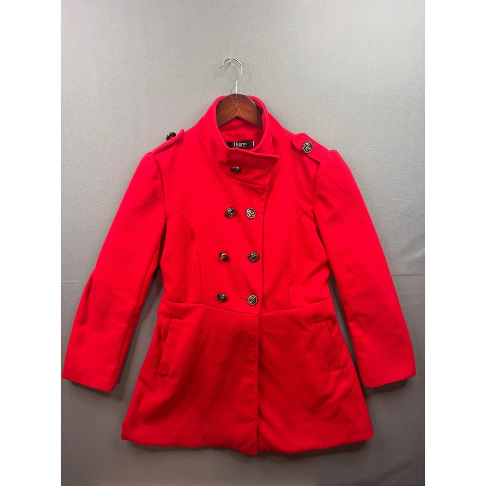 Charm Just For You Red Pea Coat Funnel Neck Military Jacket Small